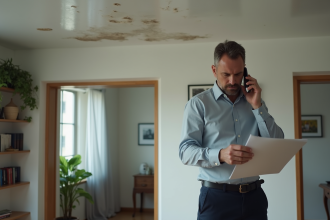 Homme d affaires anxieux vérifiant des papiers dans un appartement endommagé