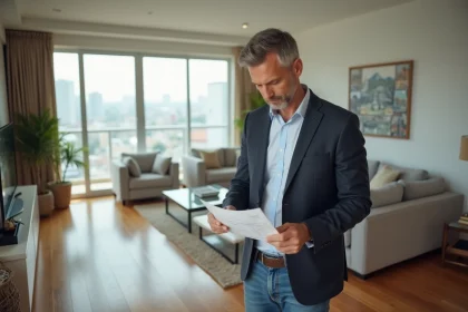 Homme d'&acirc;ge moyen en tenue smartcasual examine des documents immobiliers dans un salon moderne