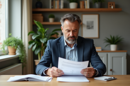 Homme d'âge moyen examine documents immobiliers dans un appartement lumineux