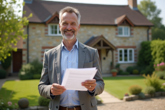 Homme souriant avec documents immobiliers devant maison rurale