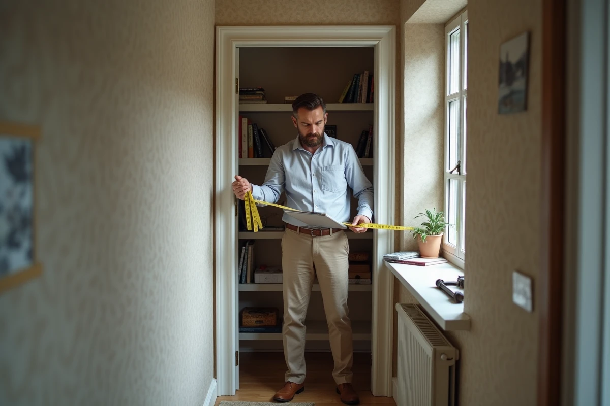Homme mesurant une petite chambre avec un ruban