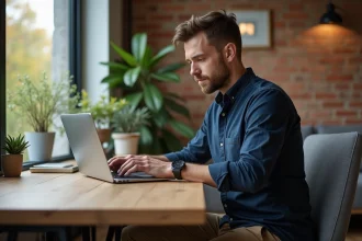 Homme concentré sur son ordinateur dans un appartement moderne