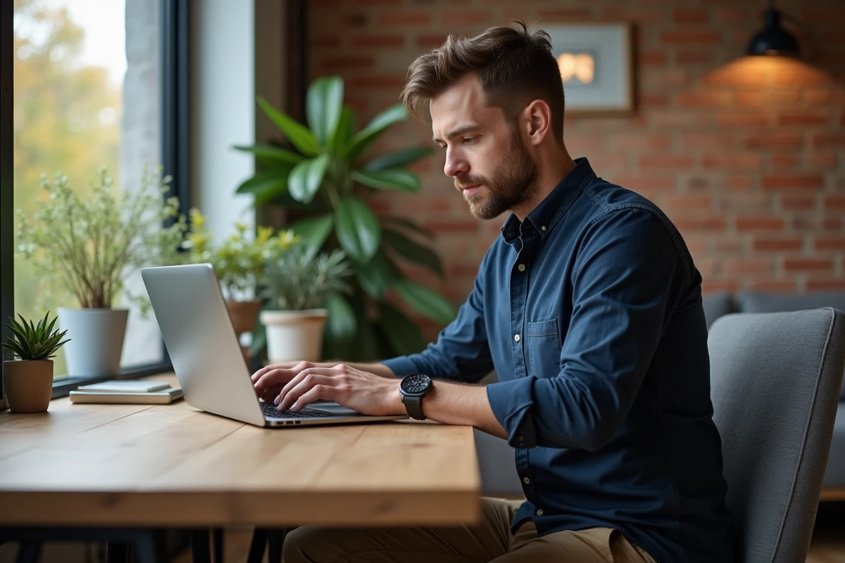 Homme concentré sur son ordinateur dans un appartement moderne