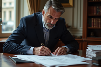 Homme d'âge moyen en costume bleu examine plans de rénovation