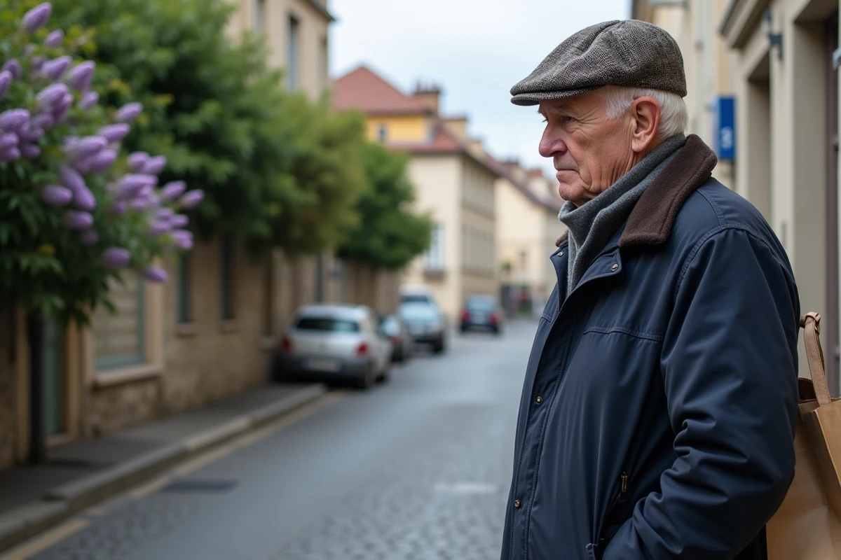Homme &acirc;g&eacute; regardant le street corner avec lilas en fleurs
