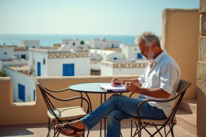 Homme d'&acirc;ge moyen lisant des papiers sur une terrasse &agrave; Essaouira