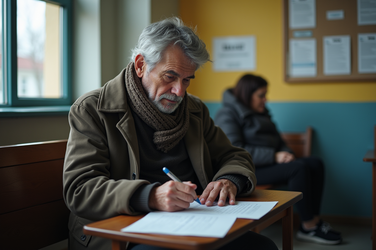 Homme senior remplissant un formulaire dans un bureau d’aide au logement