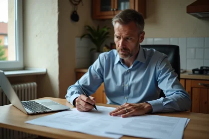 Homme d'&acirc;ge moyen signant des documents dans une cuisine