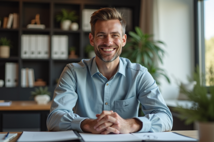 Homme souriant tenant un dossier LMNP dans un bureau moderne
