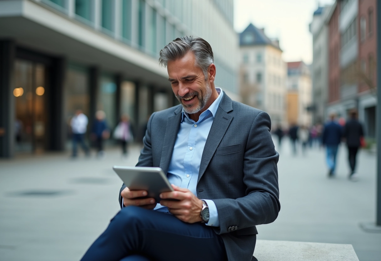 Homme d affaires regardant sa tablette en ville