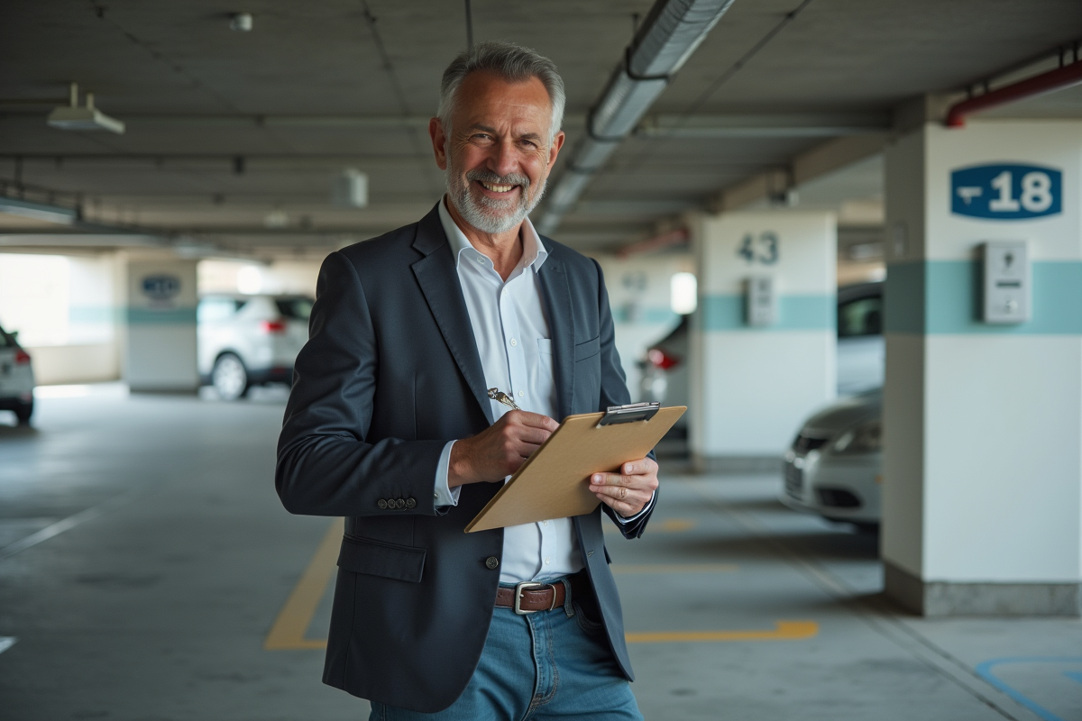 Homme d'affaires examine un parking souterrain