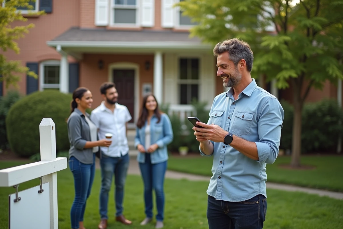 Homme confiant montrant estimation maison devant propri&eacute;t&eacute;