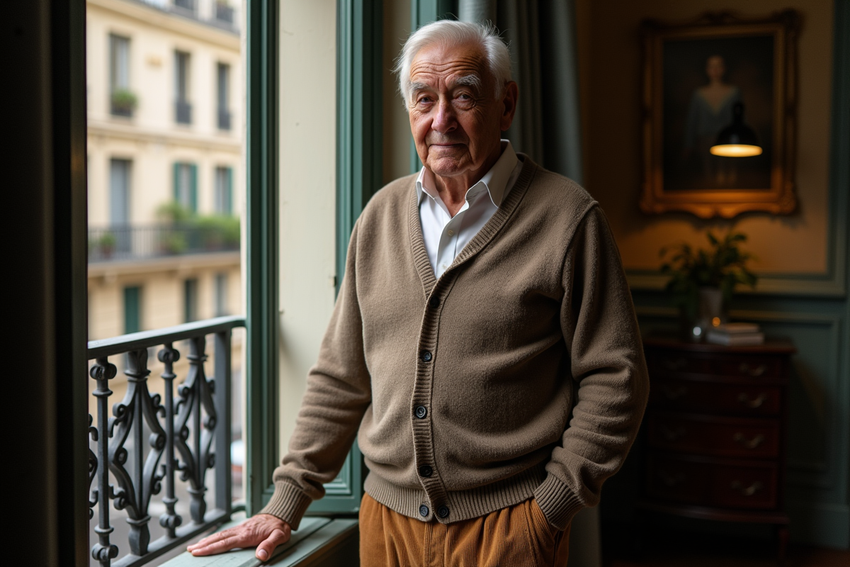 Homme âgé regardant par la fenêtre de son appartement