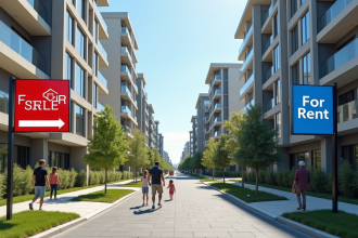 Rue urbaine avec immeubles résidentiels et panneaux vente et location
