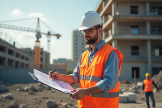 Inspecteur en sécurité vérifiant plans sur chantier
