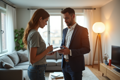 Femme professionnelle et propriétaire inspectant un appartement lumineux