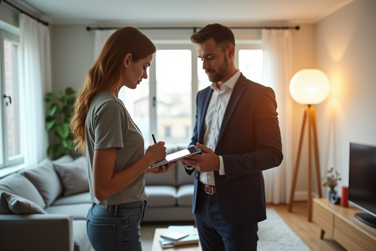 Femme professionnelle et propriétaire inspectant un appartement lumineux