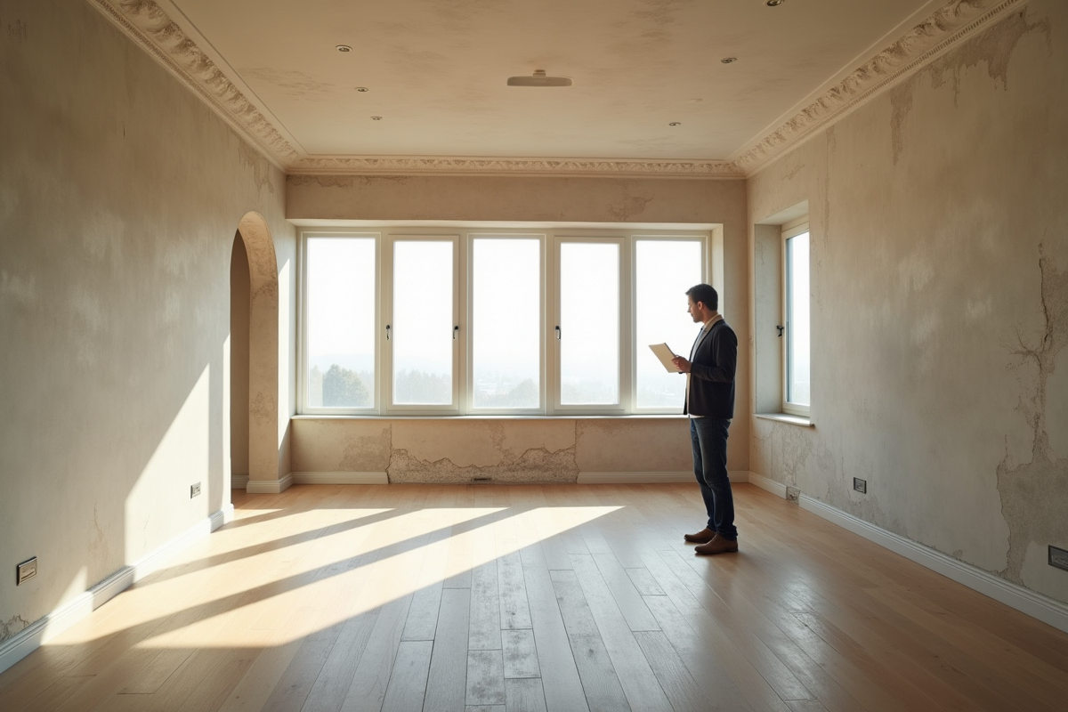 Agent immobilier inspectant un salon lumineux avec marques d