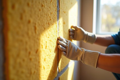 Poseur installant des panneaux d'isolation dans une maison moderne