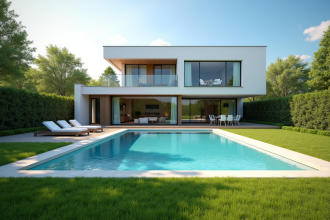 Jardin moderne avec piscine et pelouse verte ensoleillée