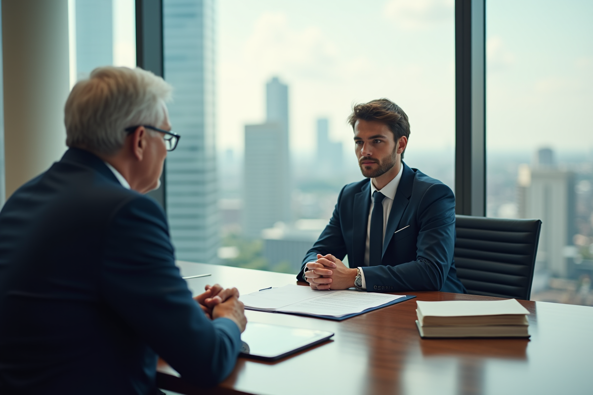 Jeune avocat présentant un contrat à un client dans un bureau lumineux