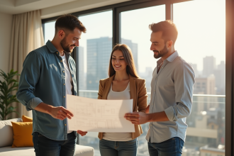 Jeune couple avec agent dans appartement lumineux