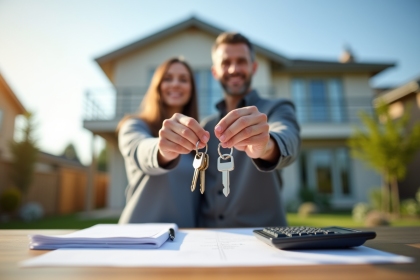 Couple souriant tenant des clés devant une maison moderne