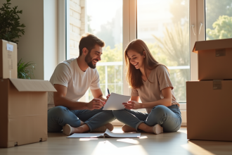 Jeune couple souriant dans leur appartement en déménagement