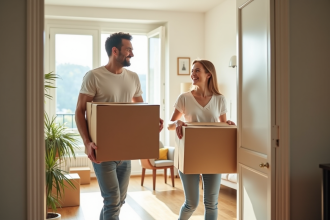 Jeune couple portant cartons dans un appartement lumineux