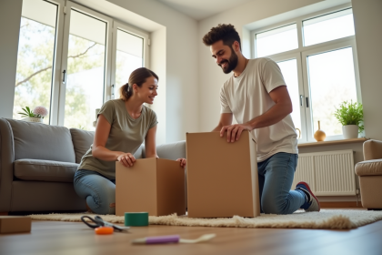 Jeune couple empilant des cartons dans un salon lumineux