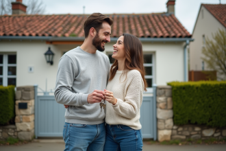Jeune couple souriant devant une maison en banlieue française