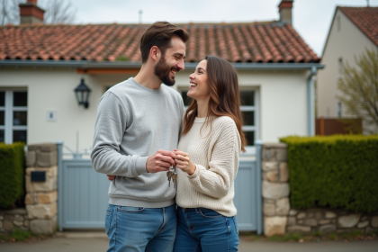 Jeune couple souriant devant une maison en banlieue française