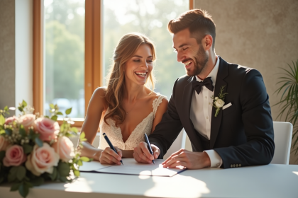 Jeune couple marié signant documents dans mairie lumineuse