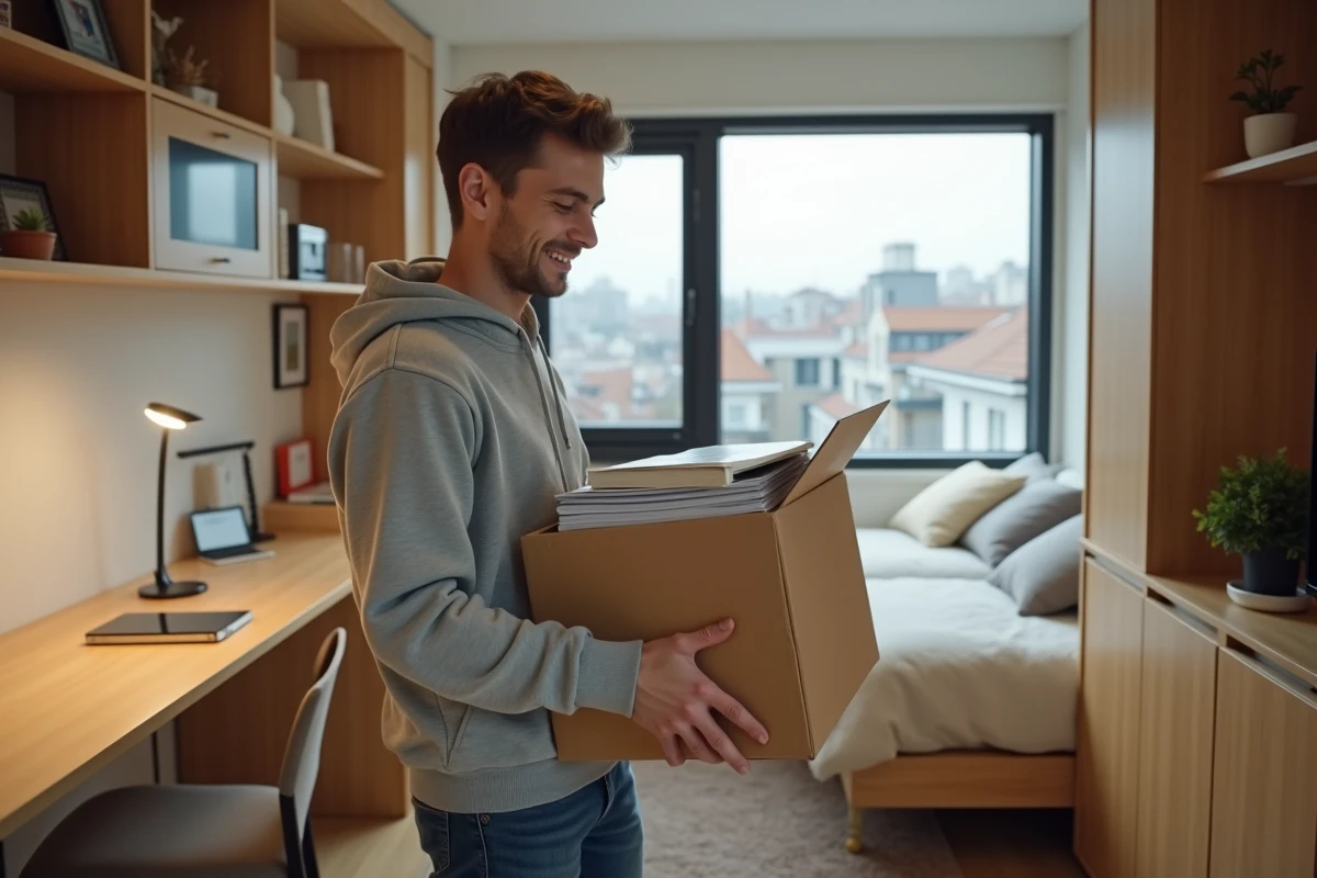Jeune étudiant souriant dans un studio moderne et cosy