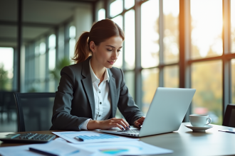 Jeune femme d'affaires analysant des graphiques financiers au bureau