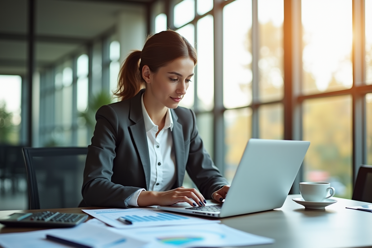 Jeune femme d'affaires analysant des graphiques financiers au bureau