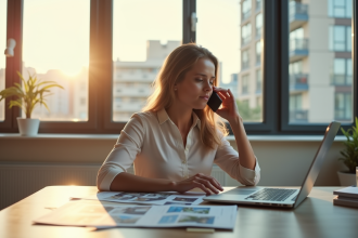 Jeune femme professionnelle téléphone dans un appartement lumineux