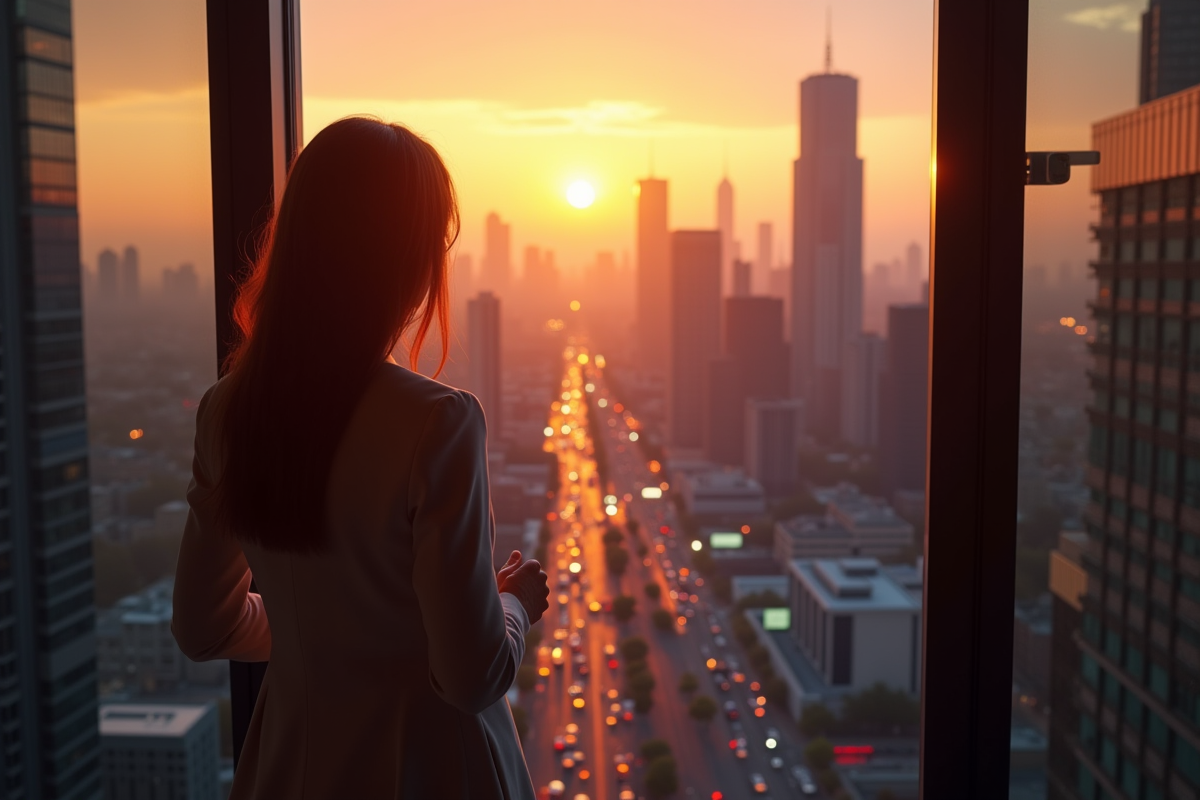 Jeune femme regardant la ville au coucher du soleil depuis son balcon