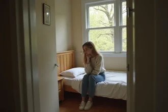 Jeune femme assise dans une chambre cosy et lumineuse