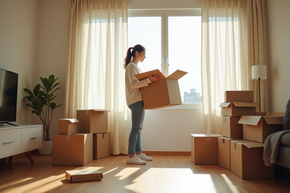 Jeune femme dans un appartement lumineux en train de faire ses cartons