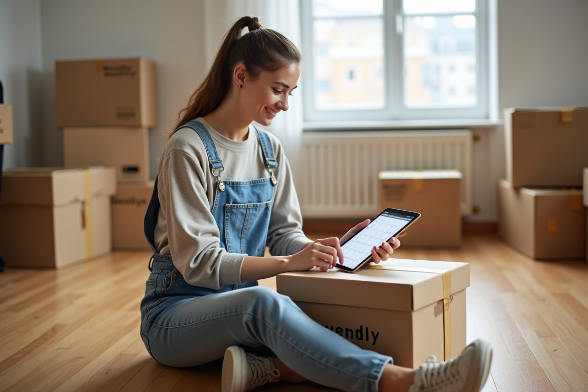 Jeune femme emballant une boîte dans un salon en préparation de déménagement