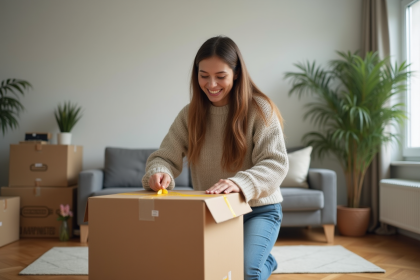 Jeune femme emballant une bo&icirc;te de d&eacute;m&eacute;nagement dans un appartement lumineux
