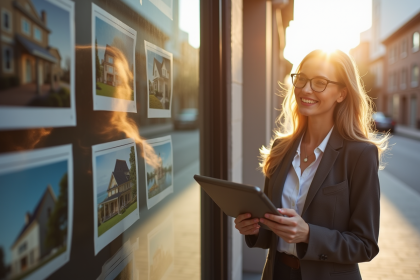 Jeune femme souriante tenant une tablette devant une agence immobiliere