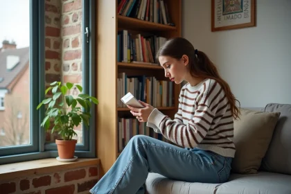 Jeune femme arrangeant des livres dans un salon &eacute;tudiant chaleureux