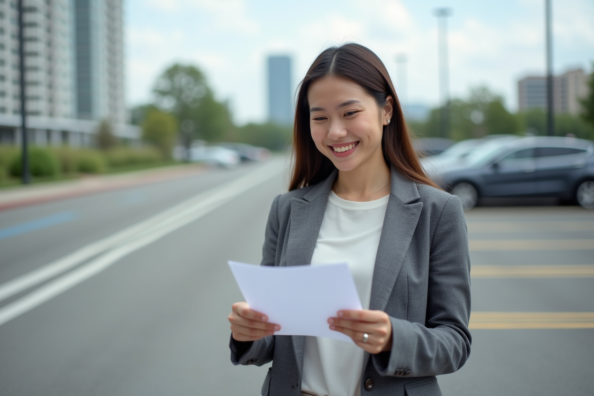Jeune femme souriante dans un parking extérieur