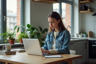 Jeune femme consulte des annonces de location dans son appartement