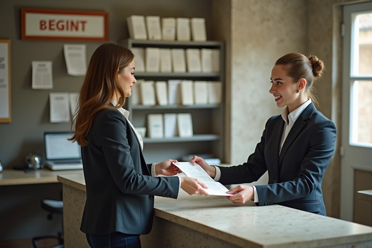Jeune femme remettant une enveloppe dans un bureau administratif