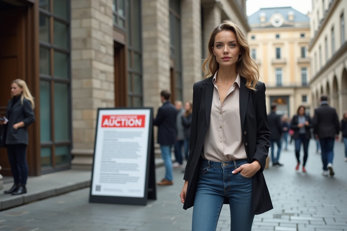 Jeune femme devant un panneau de vente aux enchères immobilières