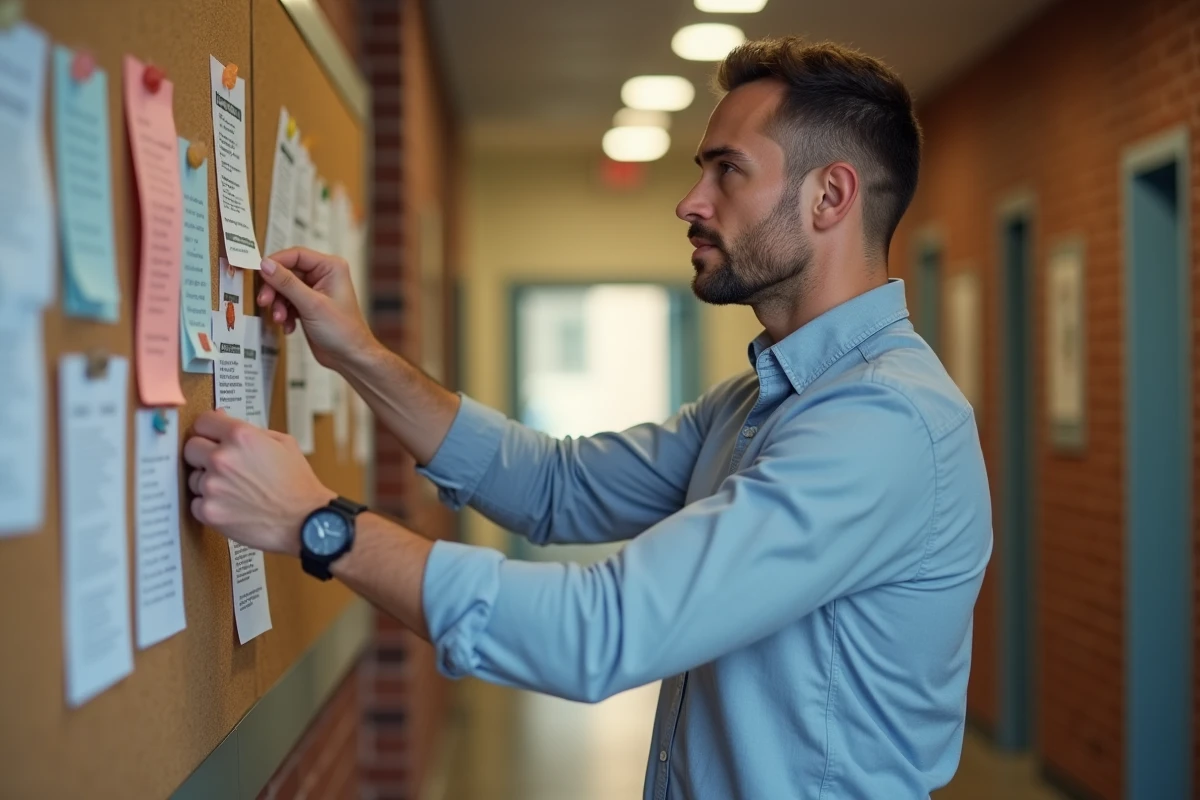 Jeune homme affichant une annonce de colocation sur un panneau
