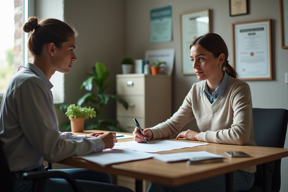 Jeune homme discute avec une agente d